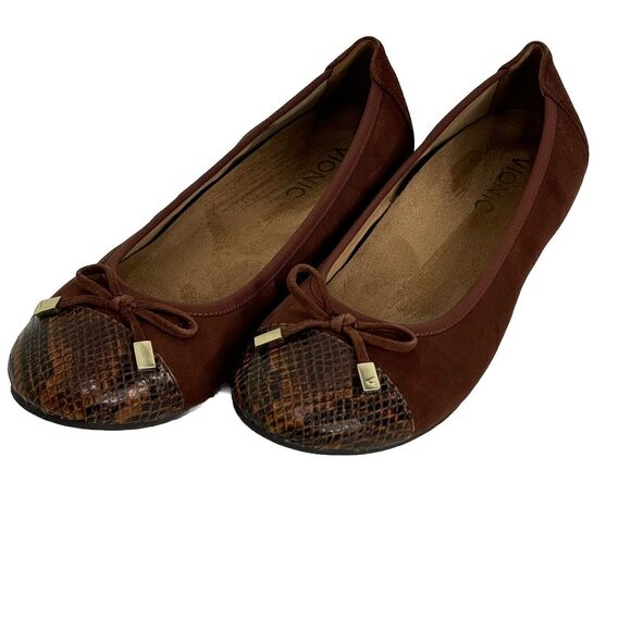 Vionic Ballet Flats Sz 7 Snake Print Cap Tie Comfort Ballerina Shoes Suede Bow - Picture 2 of 7
